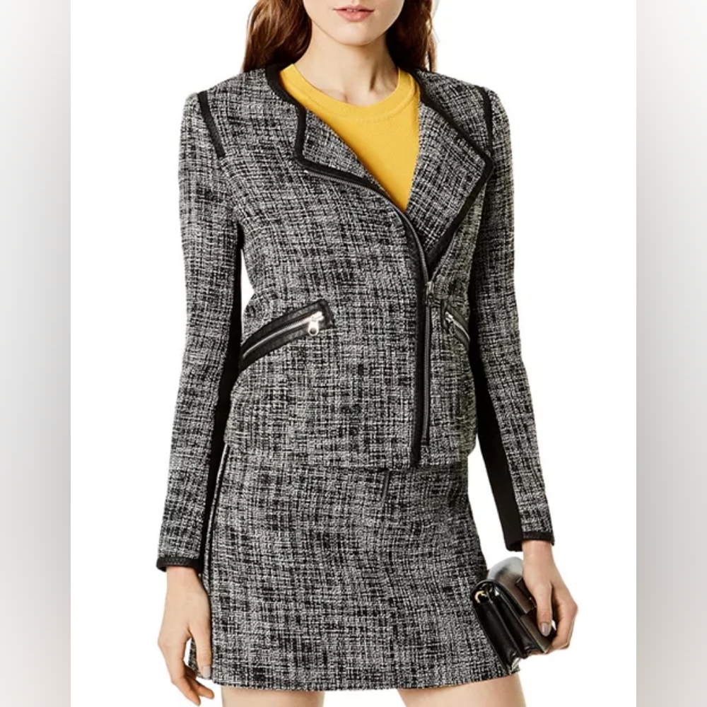 KAREN MILLEN Faux-Leather Trim Tweed Jacket 10.